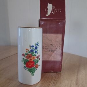 Porcelain Floral Cylinder Vase in White with Multicolor Bouquet